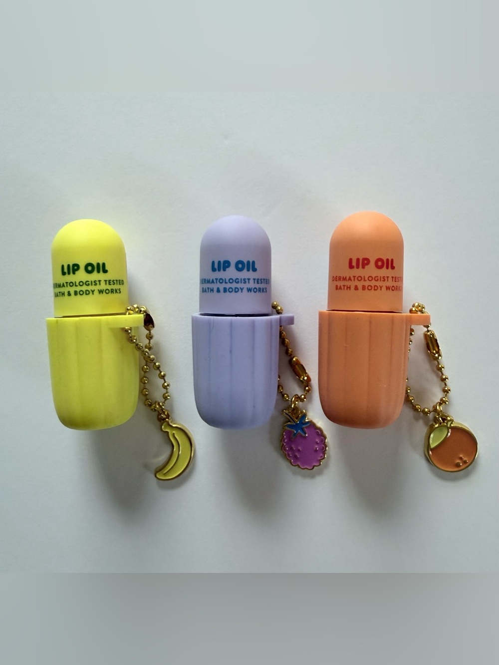 NWT Bath & Body Works Lip Oil Set of 3 Fruit Charm Keychains